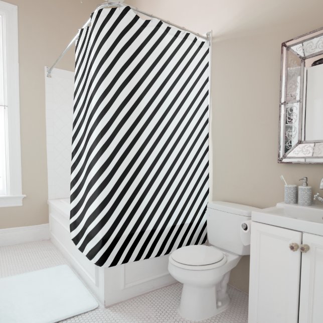 Stripe Pattern Camouflage Diagonal Black White Shower Curtain (In Situ)