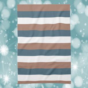 Stripe Pattern Mocha Brown Teal White Tea Towel