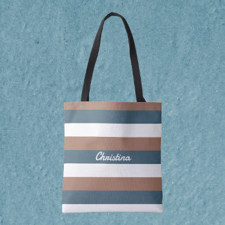 Stripe Pattern Personalise Teal Brown White Tote Bag