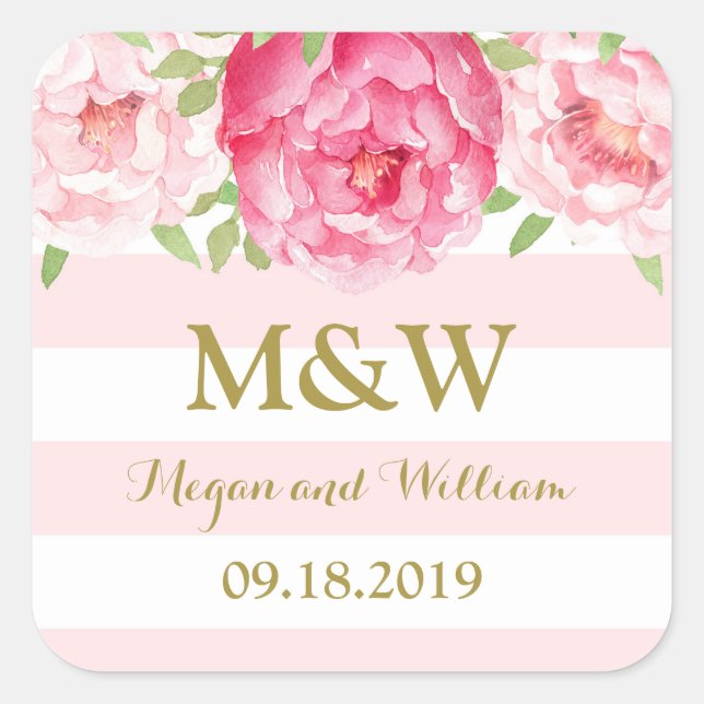 Stripe Pink Floral Monogram Wedding Favour Tag (Front)