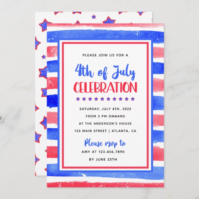 Stripe Red and Blue 4th July Party Invitation (Front/Back)
