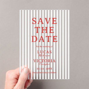 Stripe Red and White Transparent Save The Date Acrylic Invitations