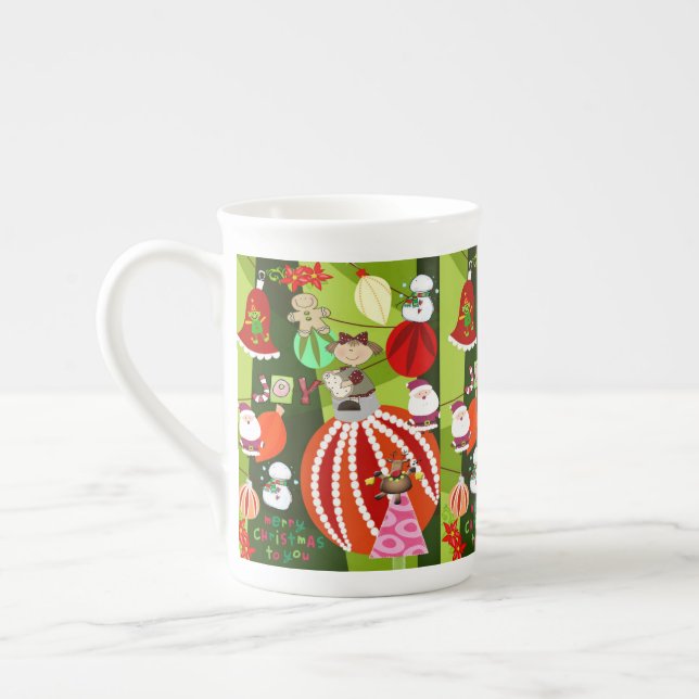 Stripe Red Green Merry Christmas Blue Plaid Red Bone China Mug (Left)