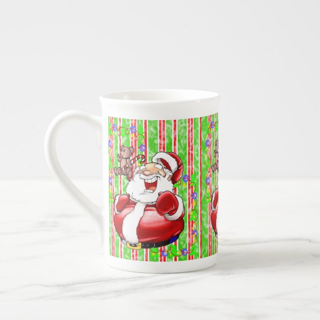 Stripe Red Green Merry Christmas Teddy Bear Bone China Mug (Left)