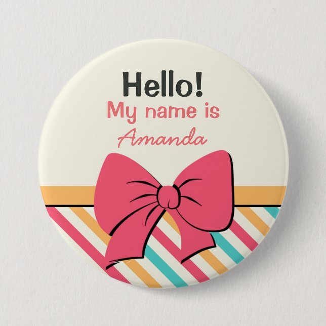 Stripe Ribbon and Bows Hello My Name is Button (Front)