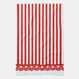 Stripe Skull Lace Tea Towel - Red on White