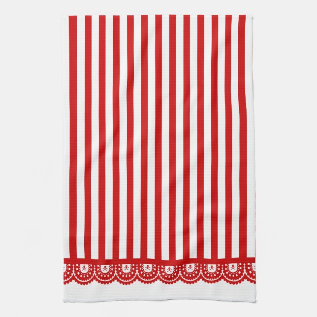 Stripe Skull Lace Tea Towel - Red on White (Vertical)