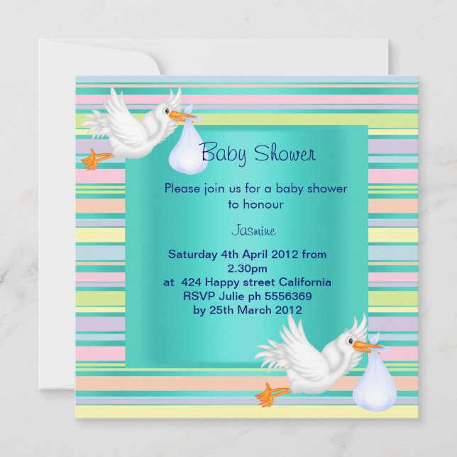 STRIPE STORK TEAL BABY SHOWER INVITATION (Front)