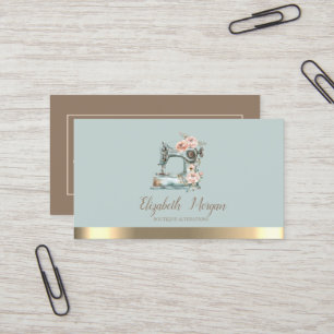 Stripe Vintage Floral Sewing Machine Blue Business Card