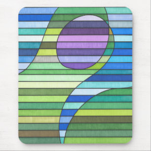 Striped Abstract Green Waves and Purple Circle Mouse Mat