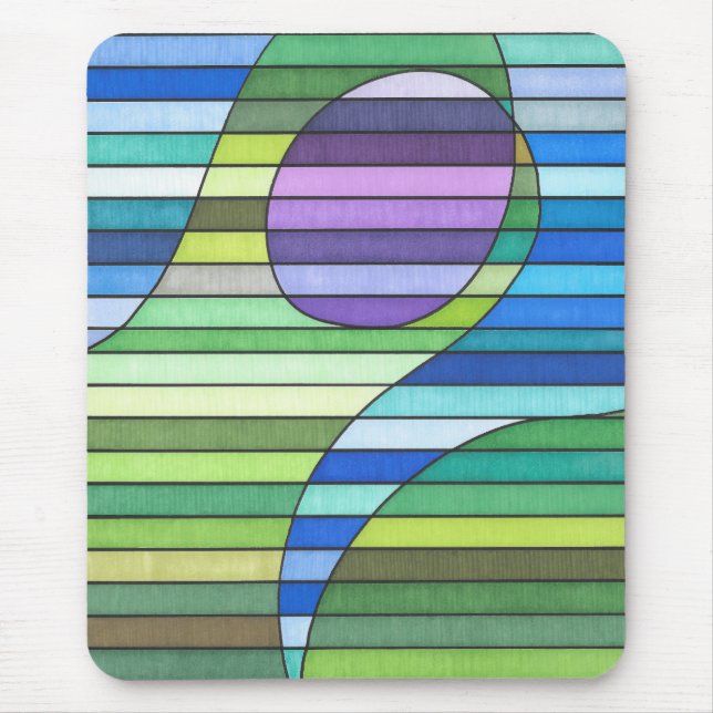 Striped Abstract Green Waves and Purple Circle Mouse Mat (Front)