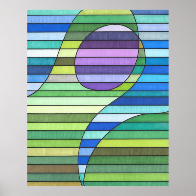 Striped Abstract Green Waves and Purple Circle Poster (Front)