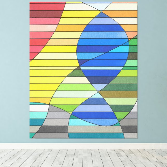 Striped Abstract with Yellow and Blue Shapes Canvas Print (Insitu(Wood Floor))