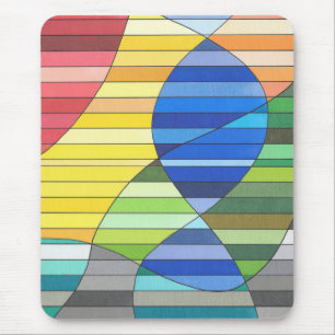 Striped Abstract with Yellow and Blue Shapes Mouse Mat