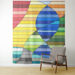Striped Abstract with Yellow and Blue Shapes Tapestry