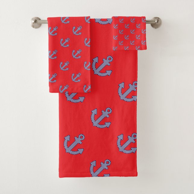 Striped Anchor Repeat Red    Bath Towel Set (Insitu)