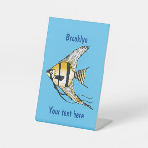 Striped angelfish cartoon illustration pedestal sign