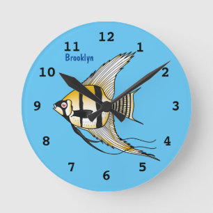 Striped angelfish cartoon illustration round clock