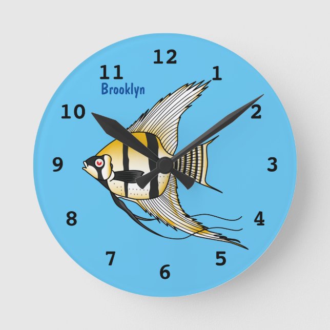 Striped angelfish cartoon illustration round clock (Front)