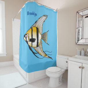 Striped angelfish cartoon illustration shower curtain