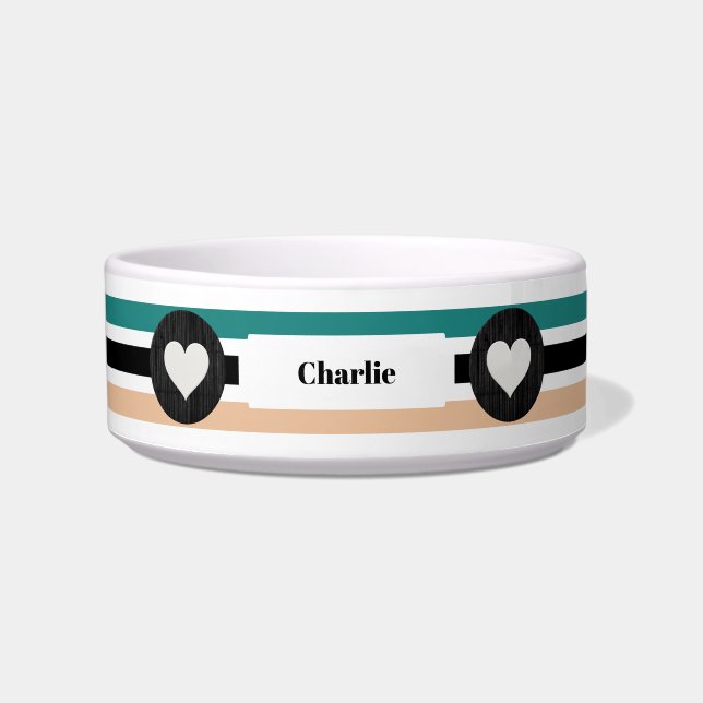 Striped Aqua Black Tan Custom Pet Bowl with Hearts (Front)