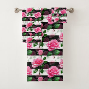 Striped Background Rose Flower Pattern Design Bath Towel Set