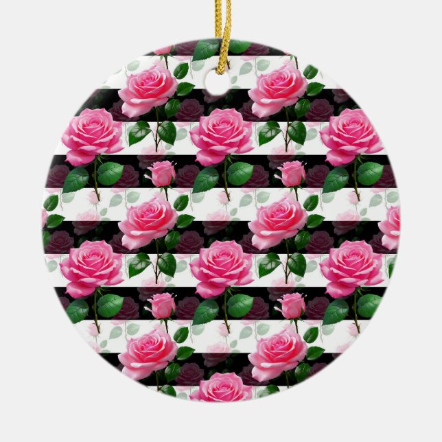 Striped Background Rose Flower Pattern Design  Ceramic Tree Decoration (Front)