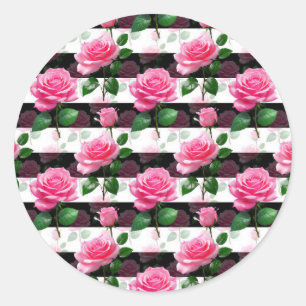Striped Background Rose Flower Pattern Design  Classic Round Sticker