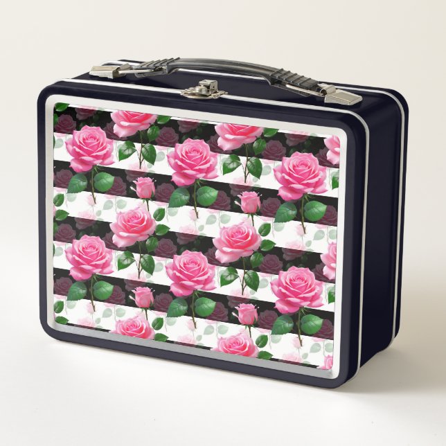Striped Background Rose Flower Pattern Design  Metal Lunch Box (Front)