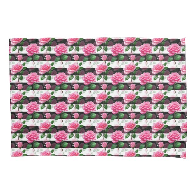 Striped Background Rose Flower Pattern Design  Pillowcase (Front)