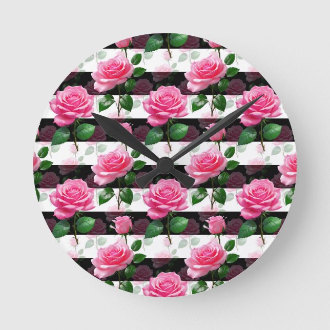 Striped Background Rose Flower Pattern Design  Round Clock (Front)