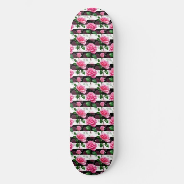 Striped Background Rose Flower Pattern Design  Skateboard (Front)