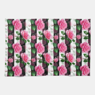 Striped Background Rose Flower Pattern Design Tea Towel