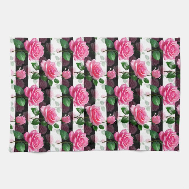 Striped Background Rose Flower Pattern Design  Tea Towel (Horizontal)