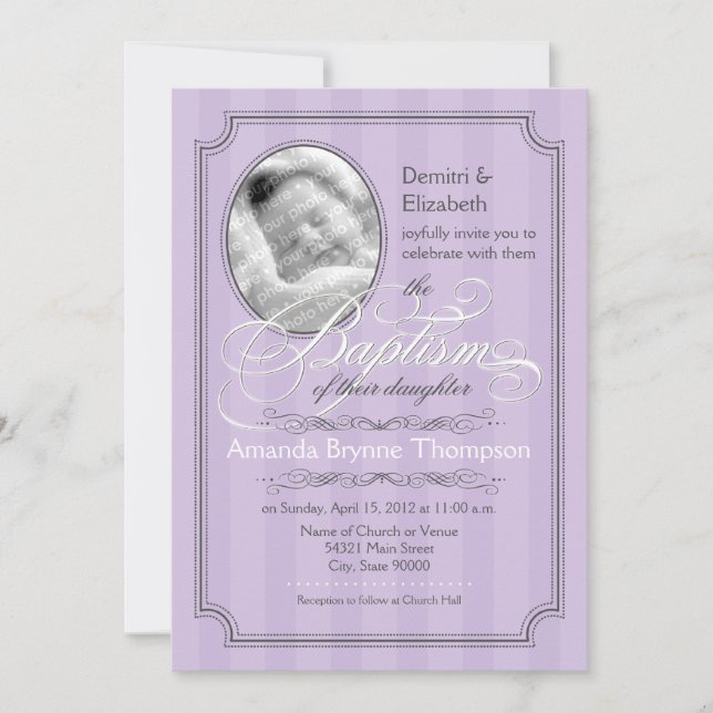 Striped Baptism Invitation (Lavender) (Front)
