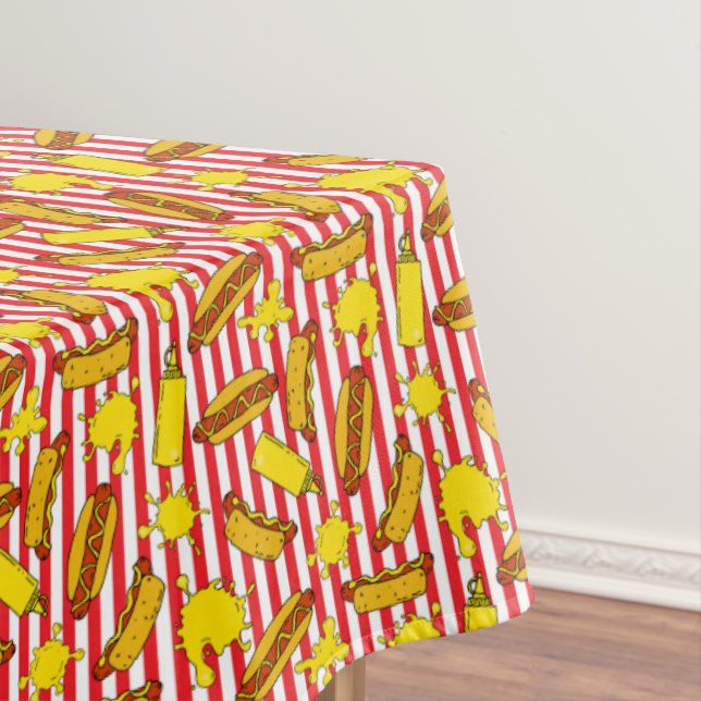 Striped Baseball Ballpark Hot Dogs Mustard Pattern Tablecloth (In Situ)