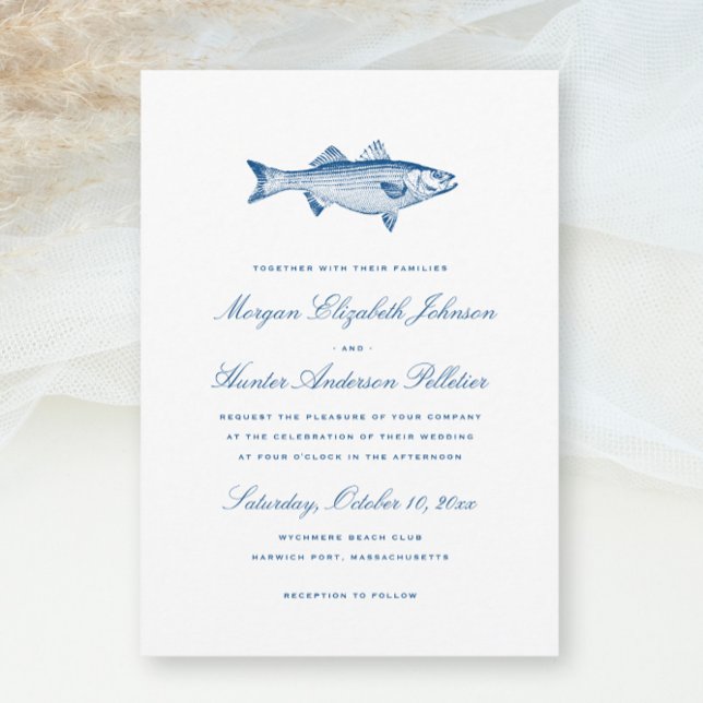 Striped Bass Fishing Theme Elegant Navy Wedding Invitation (Striped Bass Fishing theme Wedding Invitation in Elegant navy blue from Concertina Press)