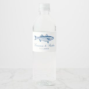 Striped Bass Navy Blue Fish Wedding Favour Water Bottle Label
