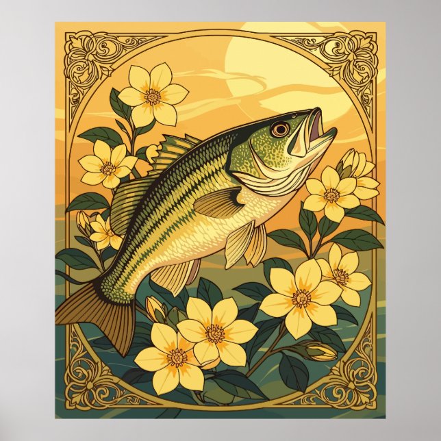 Striped Bass Rockfish And Yellow Jasmine Flowers Poster (Front)