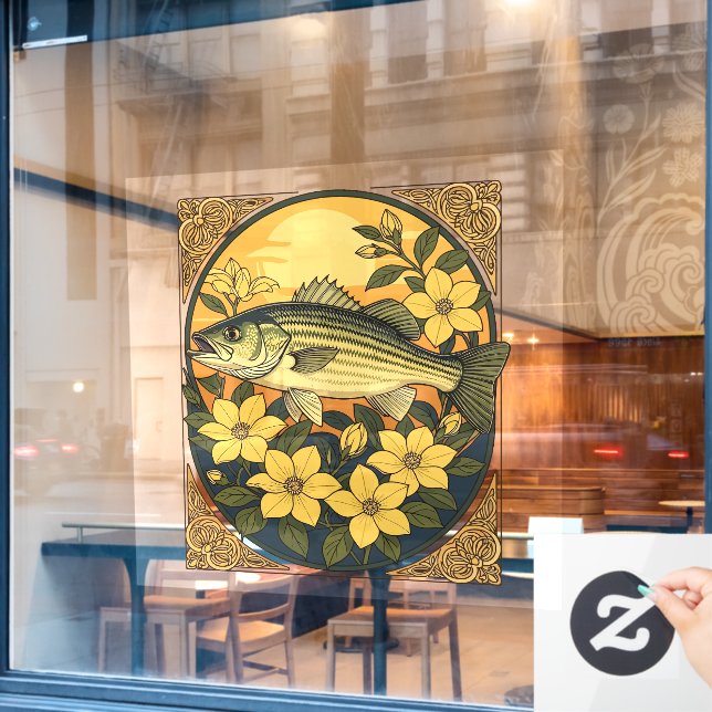 Striped Bass Rockfish And Yellow Jasmine Flowers Window Cling (Cafe Window)