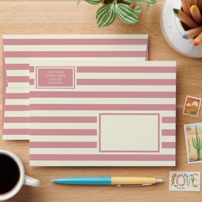 Striped beige rose pink retro return address envelope (Creator Uploaded)