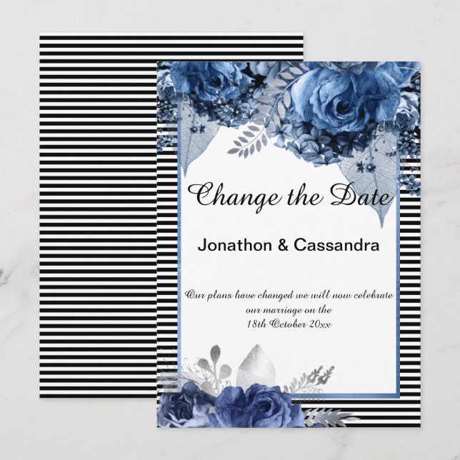 STRIPED BLACK BLUE FLORAL BORDER CHANGE THE DATE (Front/Back)
