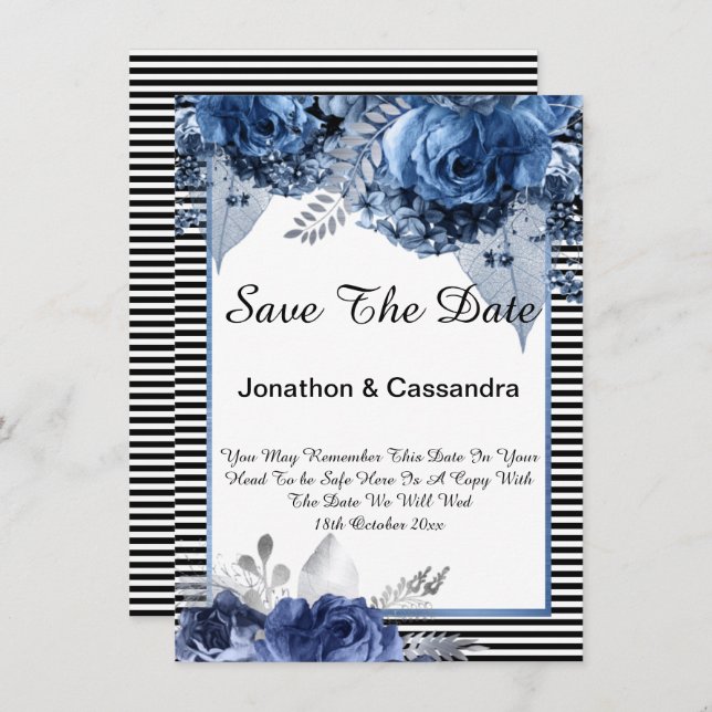 STRIPED BLACK BLUE FLORAL BORDER SAVE THE DATE (Front/Back)