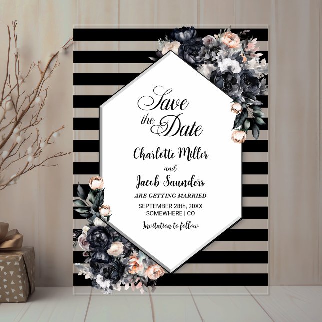 Striped Black Floral Acrylic Save the Date Acrylic Invitations (Creator Uploaded)