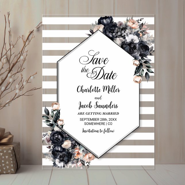 Striped Black Floral Acrylic Save the Date Acrylic Invitations (Creator Uploaded)