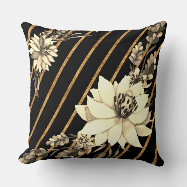Striped Black Gold with White Rose Cushion (Front)