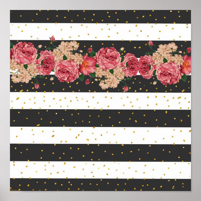 Striped black pink gold glitter confetti floral poster (Front)