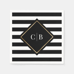 Striped Black White Gold Frame Monogram Wedding Napkin