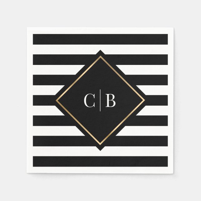 Striped Black White Gold Frame Monogram Wedding Napkin (Front)