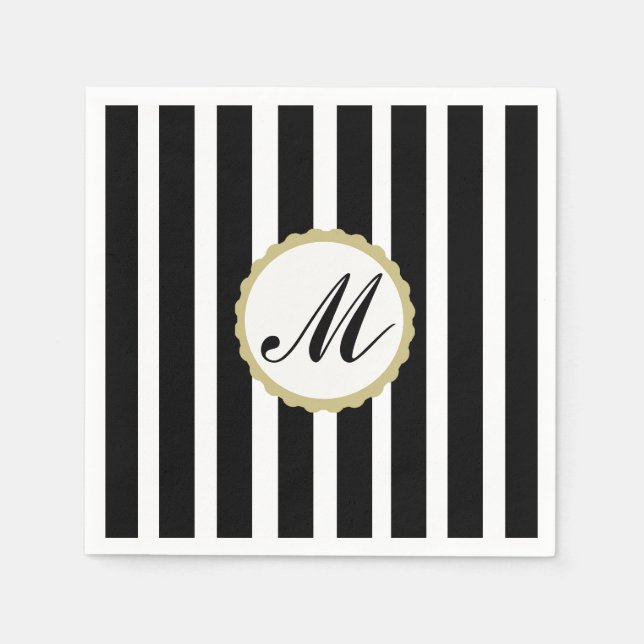 Striped Black White Gold Monogram Paper Napkins (Front)